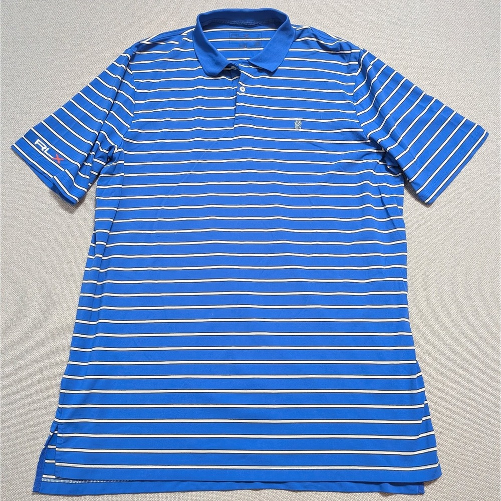 RLX Ralph Lauren Men's L Blue White Stripe Polo Shirt Country Club Logo